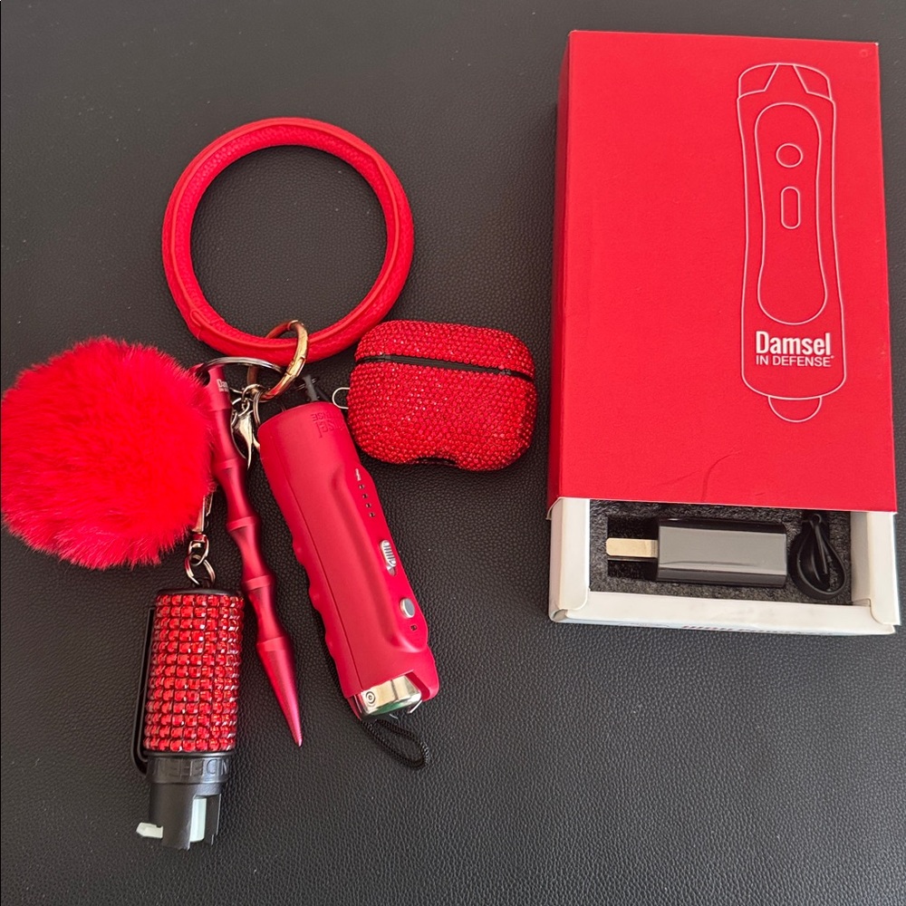 Damsel in Defense Lipstick Red Pom Comfy Wrist Keychain w Personal Safety Tools